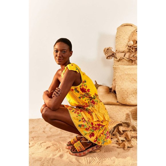 🆕 FARM RIO Flower Dream Tiered Cotton Mini Skirt Yellow Small